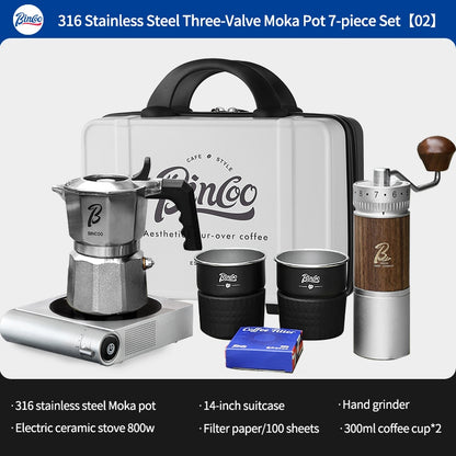 BINCOO Three-Valve Moka Pot 316 Stainless Steel Coffee Pot Italian Espresso Maker Ideal for Outdoor Camping Travel Gift Set 2Cups