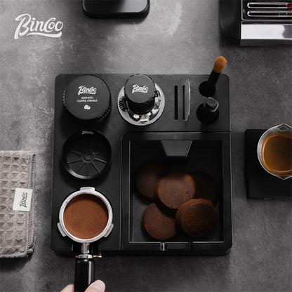 BINCOO Espresso Tamper Base Set with Integrated Tamper Knock Slag Box Detachable Italian-Style Coffee Powder Distributor and Tamper Hammer Complete Tool Kit 51MM/58MM