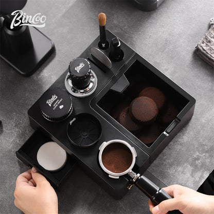 BINCOO Espresso Tamper Base Set with Integrated Tamper Knock Slag Box Detachable Italian-Style Coffee Powder Distributor and Tamper Hammer Complete Tool Kit 51MM/58MM