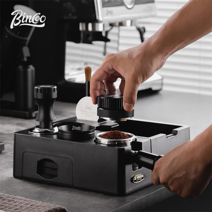 BINCOO Espresso Tamper Base Set with Integrated Tamper Knock Slag Box Detachable Italian-Style Coffee Powder Distributor and Tamper Hammer Complete Tool Kit 51MM/58MM
