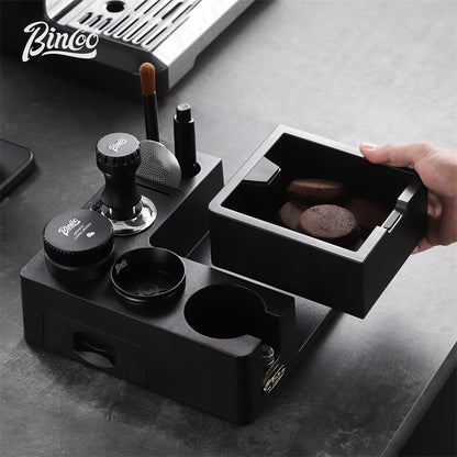 BINCOO Espresso Tamper Base Set with Integrated Tamper Knock Slag Box Detachable Italian-Style Coffee Powder Distributor and Tamper Hammer Complete Tool Kit 51MM/58MM