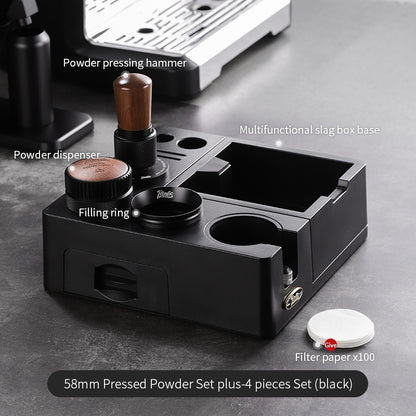 BINCOO Espresso Tamper Base Set with Integrated Tamper Knock Slag Box Detachable Italian-Style Coffee Powder Distributor and Tamper Hammer Complete Tool Kit 51MM/58MM