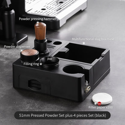 BINCOO Espresso Tamper Base Set with Integrated Tamper Knock Slag Box Detachable Italian-Style Coffee Powder Distributor and Tamper Hammer Complete Tool Kit 51MM/58MM