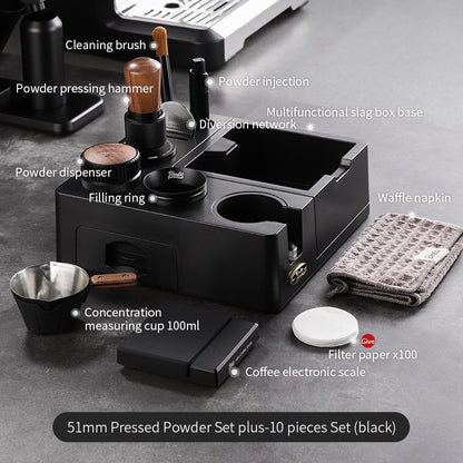 BINCOO Espresso Tamper Base Set with Integrated Tamper Knock Slag Box Detachable Italian-Style Coffee Powder Distributor and Tamper Hammer Complete Tool Kit 51MM/58MM