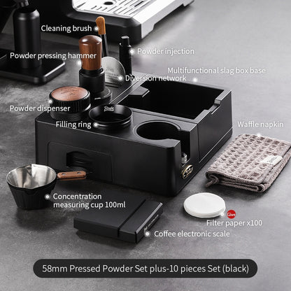 BINCOO Espresso Tamper Base Set with Integrated Tamper Knock Slag Box Detachable Italian-Style Coffee Powder Distributor and Tamper Hammer Complete Tool Kit 51MM/58MM