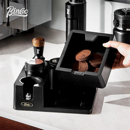 BINCOO Italian-Style Multi-Function Coffee Tamper Base with Tamper Hammer Colth Powder Distributor and Grounds Collection Box Set