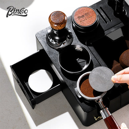 BINCOO Italian-Style Multi-Function Coffee Tamper Base with Tamper Hammer Colth Powder Distributor and Grounds Collection Box Set