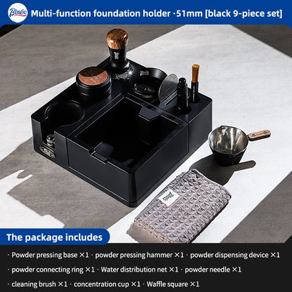 BINCOO Italian-Style Multi-Function Coffee Tamper Base with Tamper Hammer Colth Powder Distributor and Grounds Collection Box Set