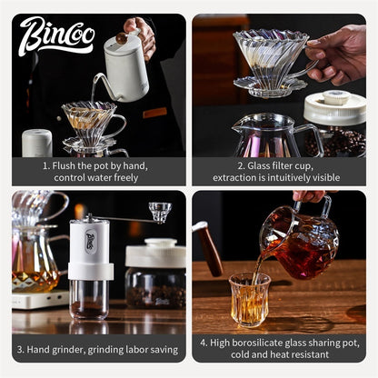 BINCOO Hand Brewing Coffee Set Coffee V60 Dripper with Glass Pour-Over Pot Manual Coffee Grinder Coffee Accessories