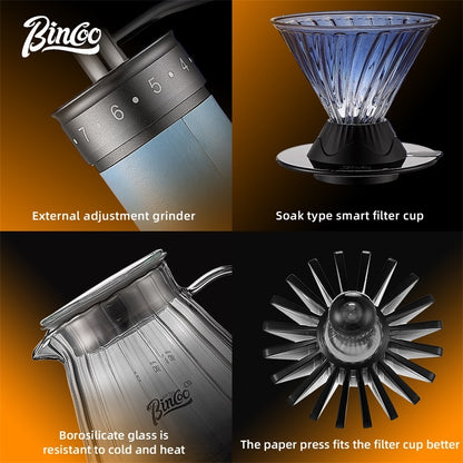 BINCOO Smart Hand Brewing Coffee Maker with Manual Grinder Pour-Over Coffee Combo Set Coffee Filter Paper Immersion-Style Dripper V60