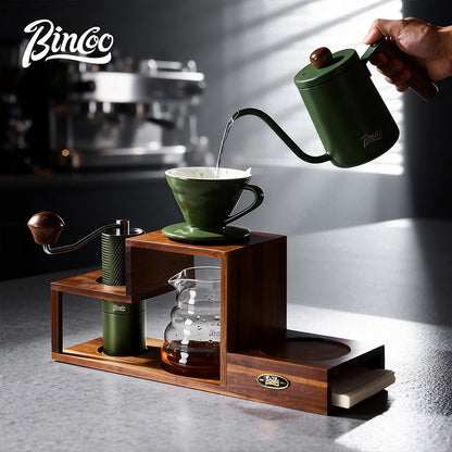 BINCOO Solid Wood Coffee Hand Brewing Kettle Storage Stand Set with Manual Coffee Grinder Glass Pour-Over Pot with Filter Cup Set Coffee Brewing Equipment Set