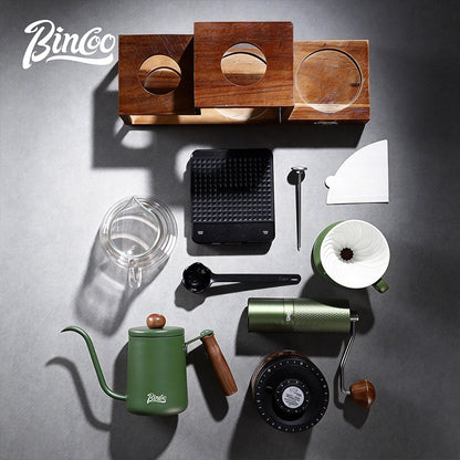 BINCOO Solid Wood Coffee Hand Brewing Kettle Storage Stand Set with Manual Coffee Grinder Glass Pour-Over Pot with Filter Cup Set Coffee Brewing Equipment Set