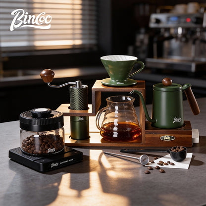 BINCOO Solid Wood Coffee Hand Brewing Kettle Storage Stand Set with Manual Coffee Grinder Glass Pour-Over Pot with Filter Cup Set Coffee Brewing Equipment Set