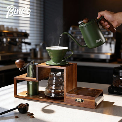 BINCOO Solid Wood Coffee Hand Brewing Kettle Storage Stand Set with Manual Coffee Grinder Glass Pour-Over Pot with Filter Cup Set Coffee Brewing Equipment Set
