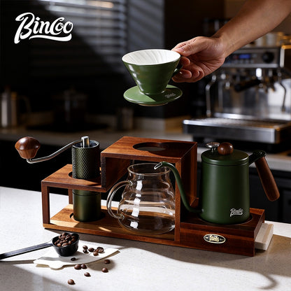 BINCOO Solid Wood Coffee Hand Brewing Kettle Storage Stand Set with Manual Coffee Grinder Glass Pour-Over Pot with Filter Cup Set Coffee Brewing Equipment Set