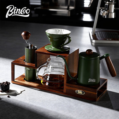 BINCOO Solid Wood Coffee Hand Brewing Kettle Storage Stand Set with Manual Coffee Grinder Glass Pour-Over Pot with Filter Cup Set Coffee Brewing Equipment Set