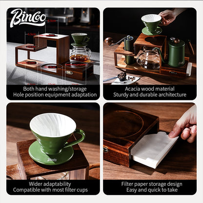 BINCOO Solid Wood Coffee Hand Brewing Kettle Storage Stand Set with Manual Coffee Grinder Glass Pour-Over Pot with Filter Cup Set Coffee Brewing Equipment Set