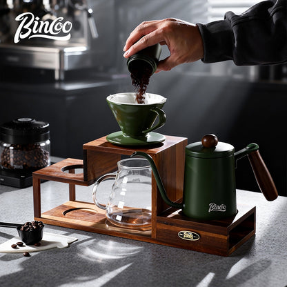 BINCOO Solid Wood Coffee Hand Brewing Kettle Storage Stand Set with Manual Coffee Grinder Glass Pour-Over Pot with Filter Cup Set Coffee Brewing Equipment Set