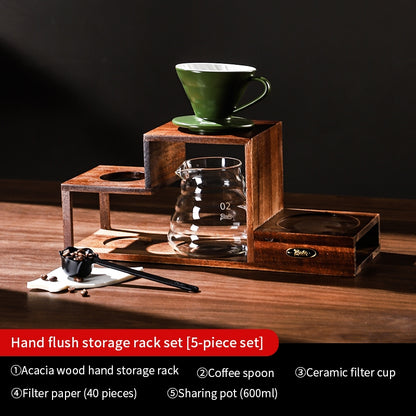 BINCOO Solid Wood Coffee Hand Brewing Kettle Storage Stand Set with Manual Coffee Grinder Glass Pour-Over Pot with Filter Cup Set Coffee Brewing Equipment Set