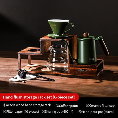 BINCOO Solid Wood Coffee Hand Brewing Kettle Storage Stand Set with Manual Coffee Grinder Glass Pour-Over Pot with Filter Cup Set Coffee Brewing Equipment Set