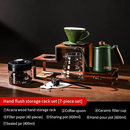 BINCOO Solid Wood Coffee Hand Brewing Kettle Storage Stand Set with Manual Coffee Grinder Glass Pour-Over Pot with Filter Cup Set Coffee Brewing Equipment Set