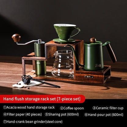BINCOO Solid Wood Coffee Hand Brewing Kettle Storage Stand Set with Manual Coffee Grinder Glass Pour-Over Pot with Filter Cup Set Coffee Brewing Equipment Set