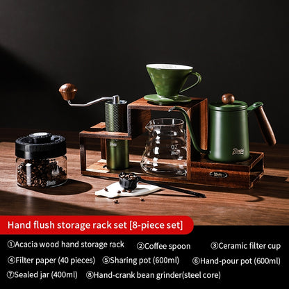BINCOO Solid Wood Coffee Hand Brewing Kettle Storage Stand Set with Manual Coffee Grinder Glass Pour-Over Pot with Filter Cup Set Coffee Brewing Equipment Set