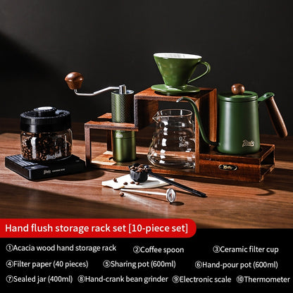 BINCOO Solid Wood Coffee Hand Brewing Kettle Storage Stand Set with Manual Coffee Grinder Glass Pour-Over Pot with Filter Cup Set Coffee Brewing Equipment Set