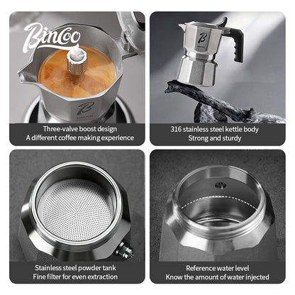 BINCOO Three-Valve Moka Pot Set 316 Stainless Steel Coffee Maker Complete Set with Grinder Compact Home-Use Italian Espresso Pot 2Cups