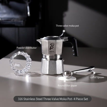 BINCOO Three-Valve Moka Pot Set 316 Stainless Steel Coffee Maker Complete Set with Grinder Compact Home-Use Italian Espresso Pot 2Cups