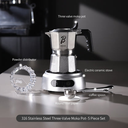 BINCOO Three-Valve Moka Pot Set 316 Stainless Steel Coffee Maker Complete Set with Grinder Compact Home-Use Italian Espresso Pot 2Cups