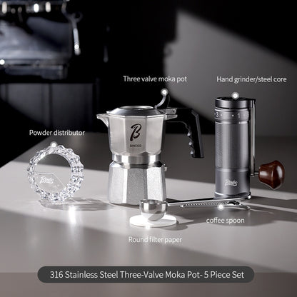 BINCOO Three-Valve Moka Pot Set 316 Stainless Steel Coffee Maker Complete Set with Grinder Compact Home-Use Italian Espresso Pot 2Cups