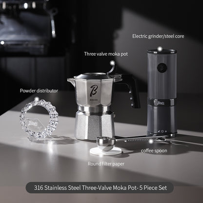 BINCOO Three-Valve Moka Pot Set 316 Stainless Steel Coffee Maker Complete Set with Grinder Compact Home-Use Italian Espresso Pot 2Cups