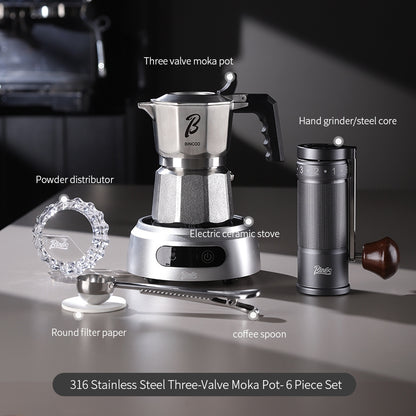 BINCOO Three-Valve Moka Pot Set 316 Stainless Steel Coffee Maker Complete Set with Grinder Compact Home-Use Italian Espresso Pot 2Cups