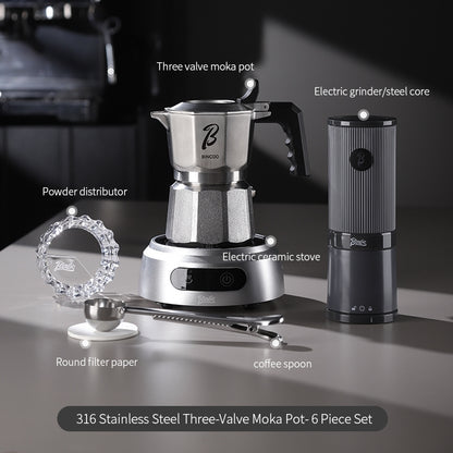 BINCOO Three-Valve Moka Pot Set 316 Stainless Steel Coffee Maker Complete Set with Grinder Compact Home-Use Italian Espresso Pot 2Cups