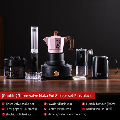 BINCOO Three-Valve Moka Pot with Electric Ceramic Stove Set Heated Home Use Espresso Double-Valve Compact Coffee Maker Outdoor Set 2Cups