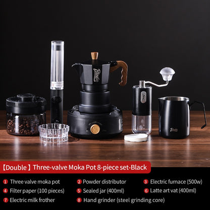 BINCOO Three-Valve Moka Pot with Electric Ceramic Stove Set Heated Home Use Espresso Double-Valve Compact Coffee Maker Outdoor Set 2Cups