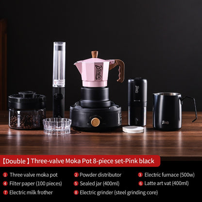 BINCOO Three-Valve Moka Pot with Electric Ceramic Stove Set Heated Home Use Espresso Double-Valve Compact Coffee Maker Outdoor Set 2Cups