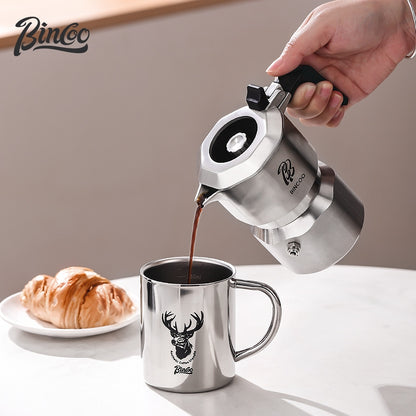 BINCOO 316 Stainless Steel Three-Valve Moka Pot with Cloth Powder Distributor Dual-Valve Espresso Machine Home & Outdoor Coffee Maker 2Cups