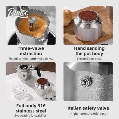 BINCOO 316 Stainless Steel Three-Valve Moka Pot with Cloth Powder Distributor Dual-Valve Espresso Machine Home & Outdoor Coffee Maker 2Cups