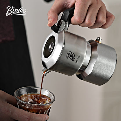 BINCOO 316 Stainless Steel Three-Valve Moka Pot with Cloth Powder Distributor Dual-Valve Espresso Machine Home & Outdoor Coffee Maker 2Cups