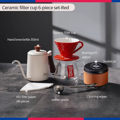 BINCOO Pour-Over Coffee Set Manual Coffee Grinder Ceramic Filter Cup with Glass Sharing Pot Home Coffee Brewing Set