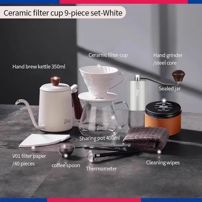 BINCOO Pour-Over Coffee Set Manual Coffee Grinder Ceramic Filter Cup with Glass Sharing Pot Home Coffee Brewing Set