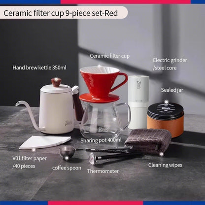 BINCOO Pour-Over Coffee Set Manual Coffee Grinder Ceramic Filter Cup with Glass Sharing Pot Home Coffee Brewing Set