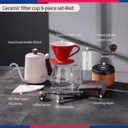 BINCOO Pour-Over Coffee Set Manual Coffee Grinder Ceramic Filter Cup with Glass Sharing Pot Home Coffee Brewing Set