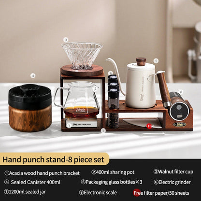 BINCOO Hand-Drip Coffee Storage Rack Set Coffee Grinder Glass Carafe with Filter Cup Set Complete Home Coffee Kit