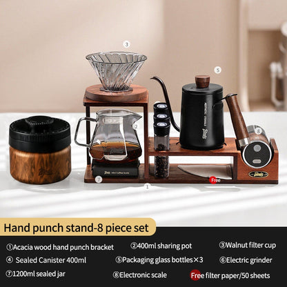 BINCOO Hand-Drip Coffee Storage Rack Set Coffee Grinder Glass Carafe with Filter Cup Set Complete Home Coffee Kit