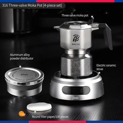 BINCOO 316 Stainless Steel Three-Valve Moka Pot Compact Home Coffee Maker Set Espresso Machine 2Cups