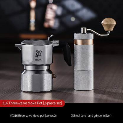 BINCOO 316 Stainless Steel Three-Valve Moka Pot Compact Home Coffee Maker Set Espresso Machine 2Cups