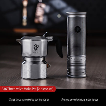 BINCOO 316 Stainless Steel Three-Valve Moka Pot Compact Home Coffee Maker Set Espresso Machine 2Cups